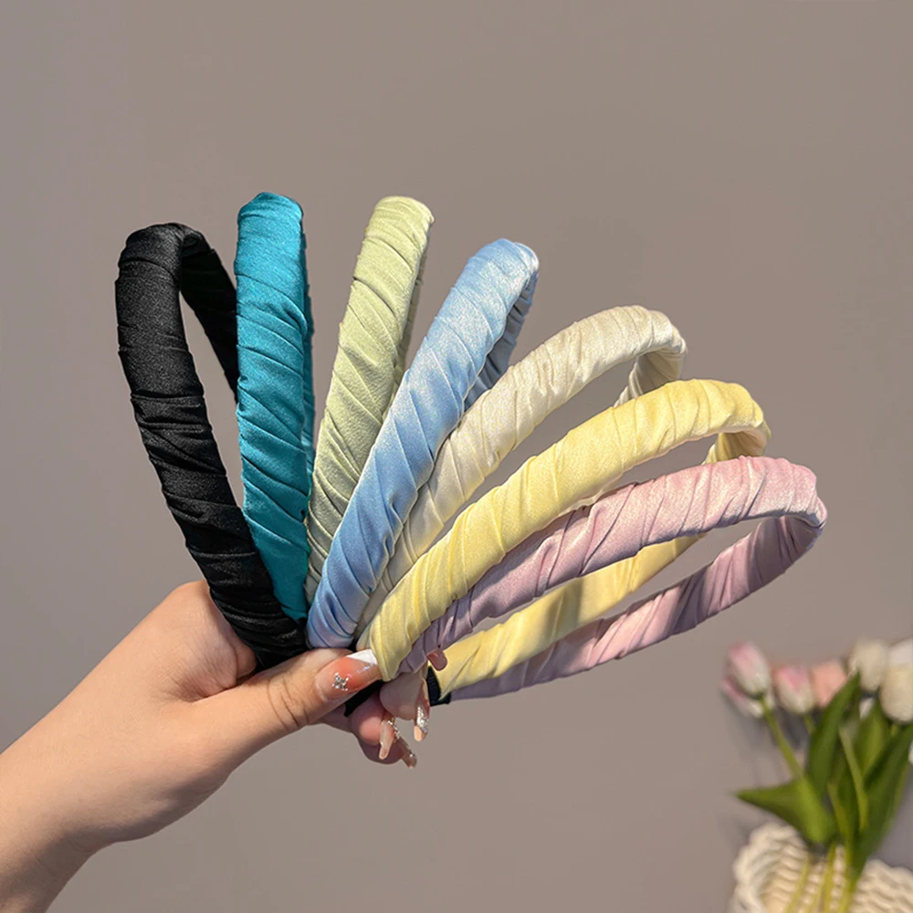 Fashion solid Color Headbands Satin silk Pleated Hairband Women Girls Fashion Wrinkle Hair Hoop bezel Headwear Hair Accessories