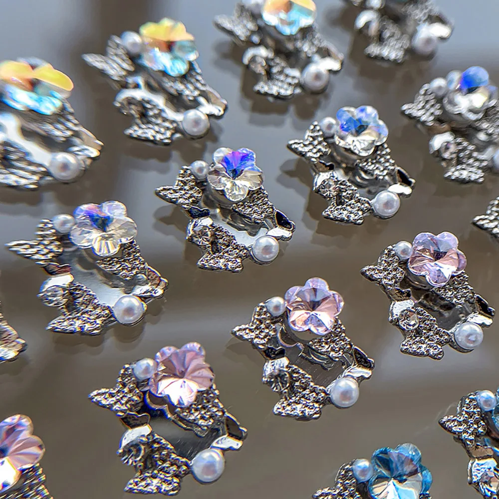 - سحر المرآة - تصميم مذهل للأظافر الحلي فراشة زهرة كريستال تزين إطار مرآة مجوهرات فضية معدنية مسمار سبيكة 404 #4