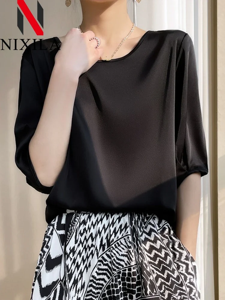 New in Summer Woman Silk Blouse Elegant T-shirt Simple Satin Office Smooth Tops Aestetic Mujer Round Neck Oversized Clothing