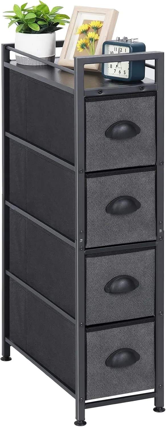 

Slim 4-Drawer Fabric Storage Cabinet with Wooden Top for Laundry, Closet, Living Room, and Entryway