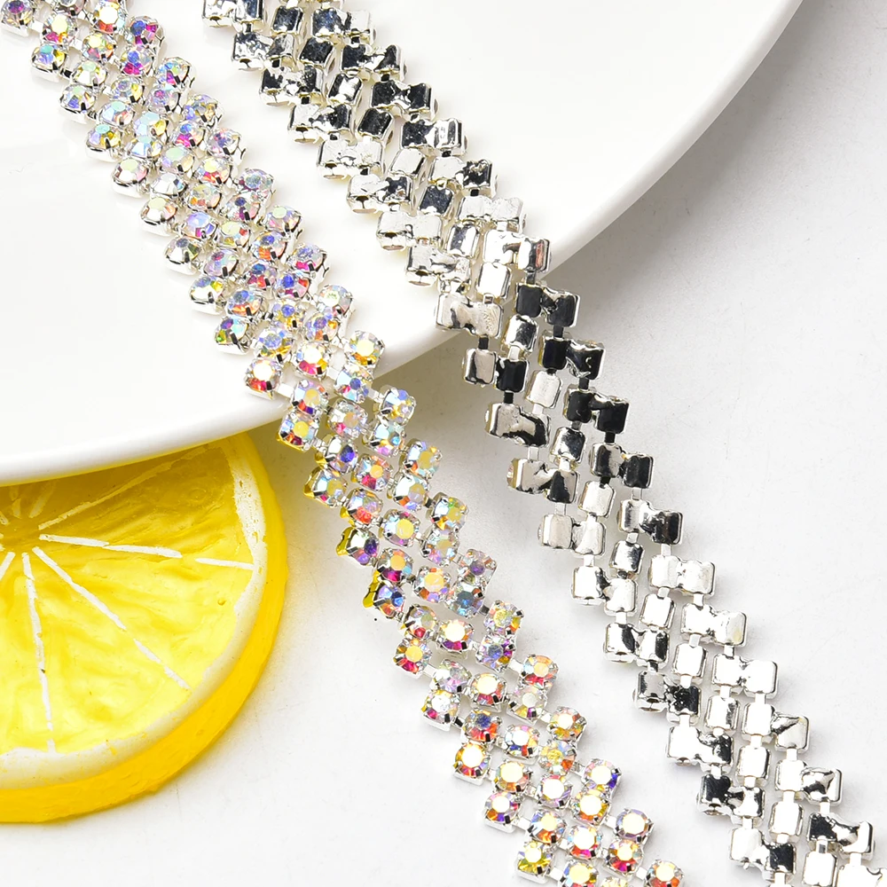 5 Rows Silver Base Dense Claw Glass Sew On Rhinestones Cup Chain Crystal Trim For Clothes Shoes Bags Accessories