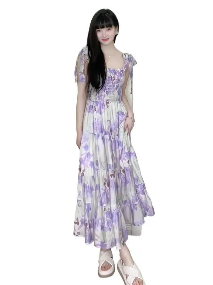 2023 New Strapless lace up pleated ruffled cake dress Women Retro Lavender Flower Print Sling long party Dress 2XL 3XL