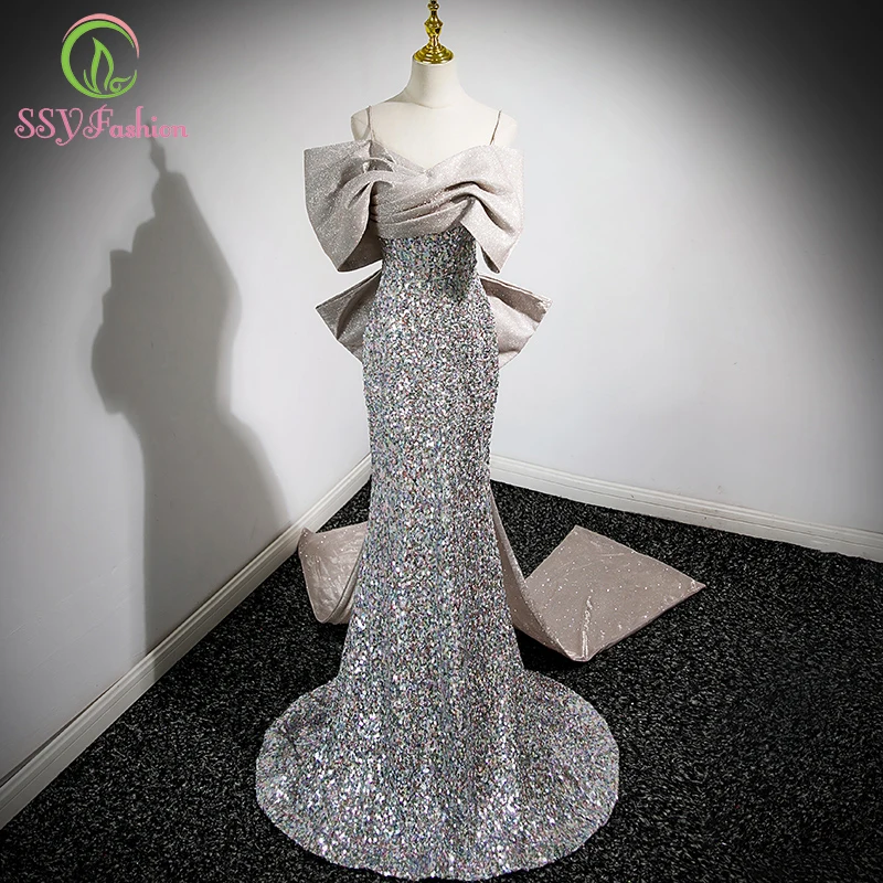 

SSYFashion New Sequins Mermaid Evening Dress for Women Sexy Slim Fishtail Glittering Prom Party Gowns Vestidos De Noche