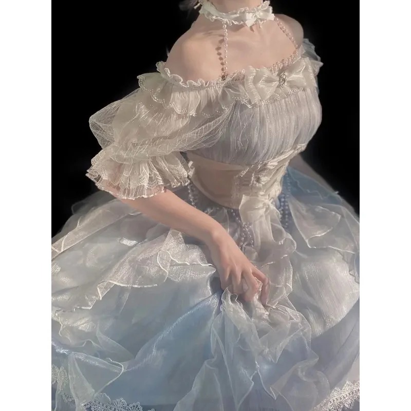 كذبة حوريات البحر لوليتا تي شيرت ملابس على الطراز الغربي فستان أنيق أزرق للحفلات المسائية فستان الأميرة الجنية الفاخرة