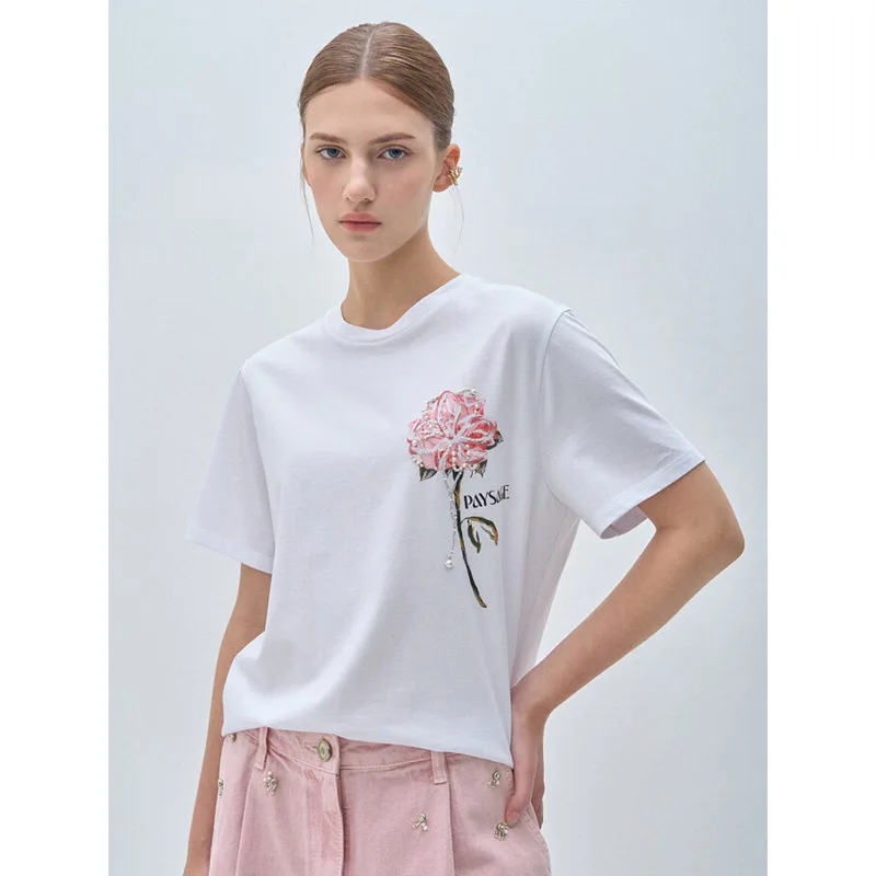 

Ele Rose Print ort Sve T-irt Women's Summer Slim Fit oulder Embellied Top Comfortable round Ne Casual Tee