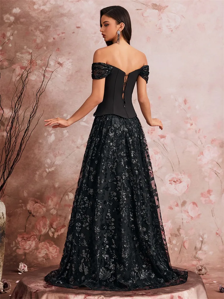 Middle East European and American Elegant Evening Dress Gorgeous Temperament Cocktail Party Fake Two Sequin Stitching Dress
