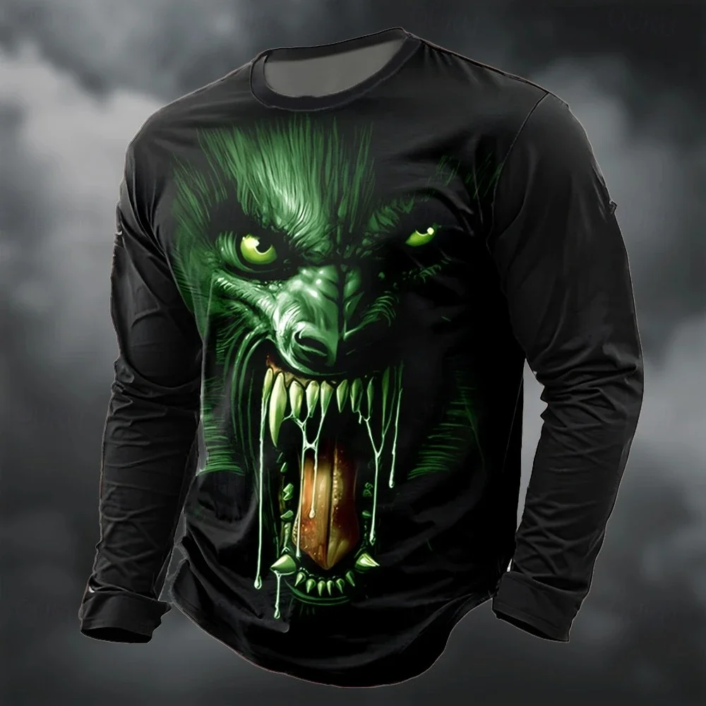 Multicolor Wolf Long Sleeve T Shirt Men Werewolf Dark Animal Cool Loose Fashion Trendy Streetwear Novelty Casual Halloween