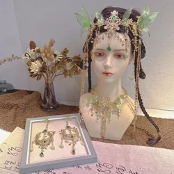 Handmade Fairy Gold Alloy Hair Accessories Blue Pink Crystal Flower Butterfly Tassel Headband Set with Neacklace Bracelet