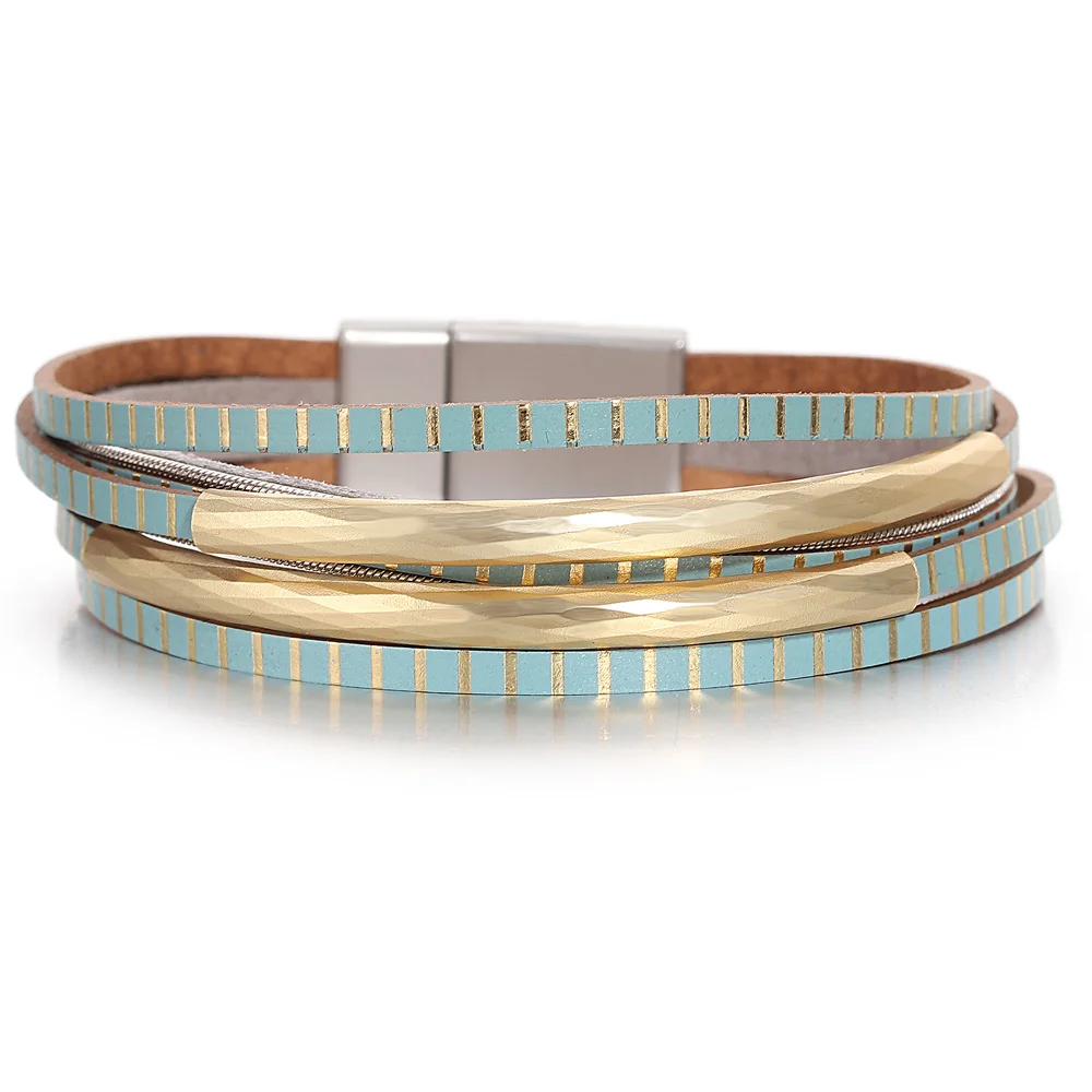 ALLYES Fashion Textured Leather Bracelet for Women Charm Metal Tube Thin Strip Multilayer Wrap Bracelet Party Jewelry