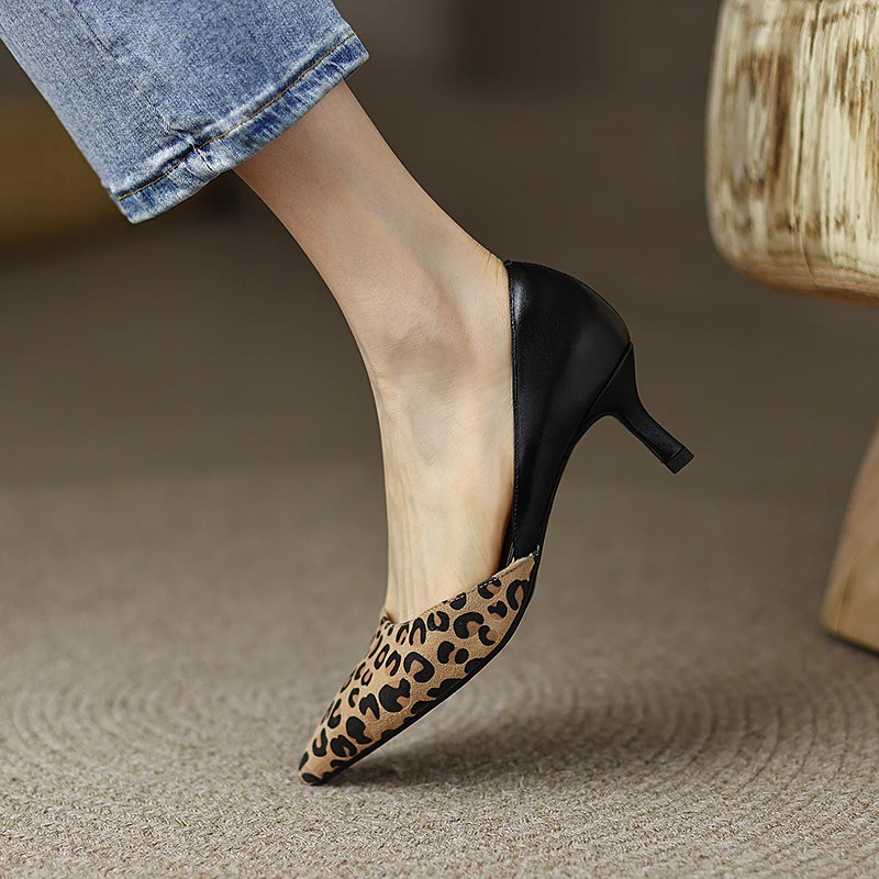 2024 Spring Women Shoes Leopard Print Shoes for Women Pointed Toe Chunky Heel Shoes Slip-On Women Pumps Concise High Heel Shoes