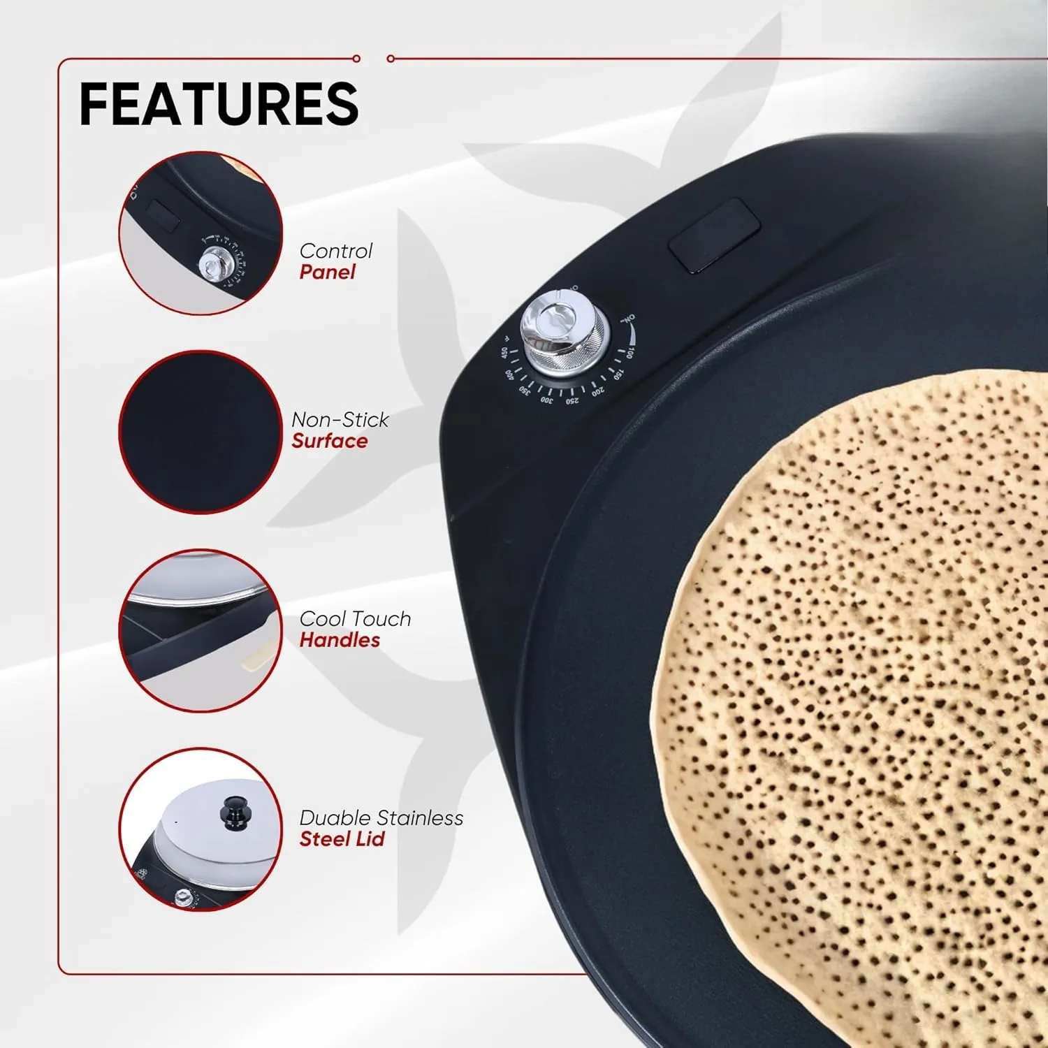 صانع Injera الكهربائي مقاس 16 بوصة من Ethniq - صينية للكريب، والموجوجوجو الإثيوبية، والأنجيرو، والإعلان، والفطيرة، والتفت - والتحكم في الحرارة القابل للتعديل