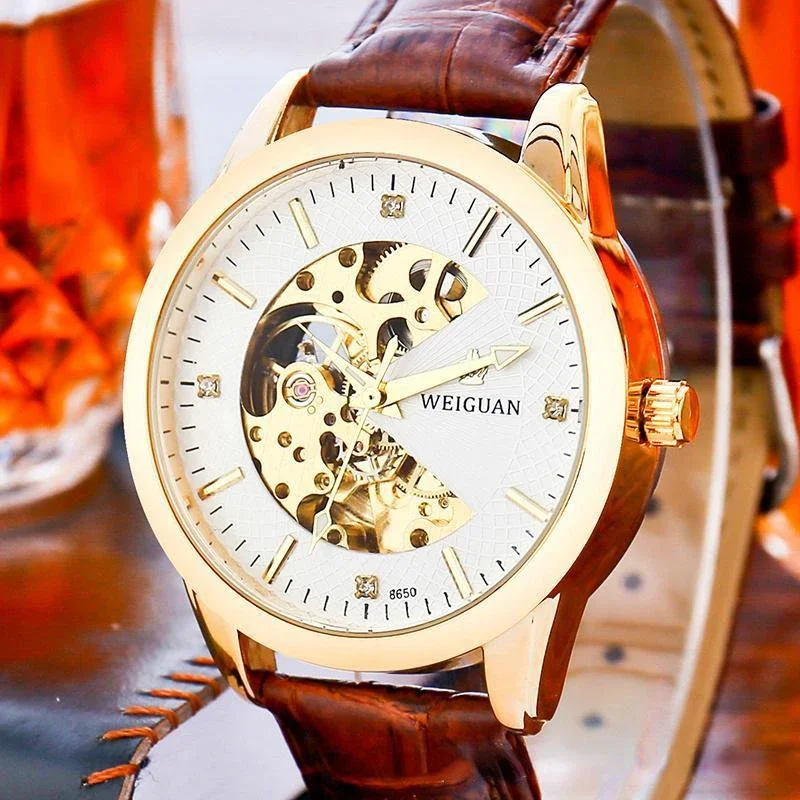 Men\'s Watch Automatic Movement Hollow Out Elegant Business Leather Strap Watchs Luminous Waterproof Mechanical Watch for Mens