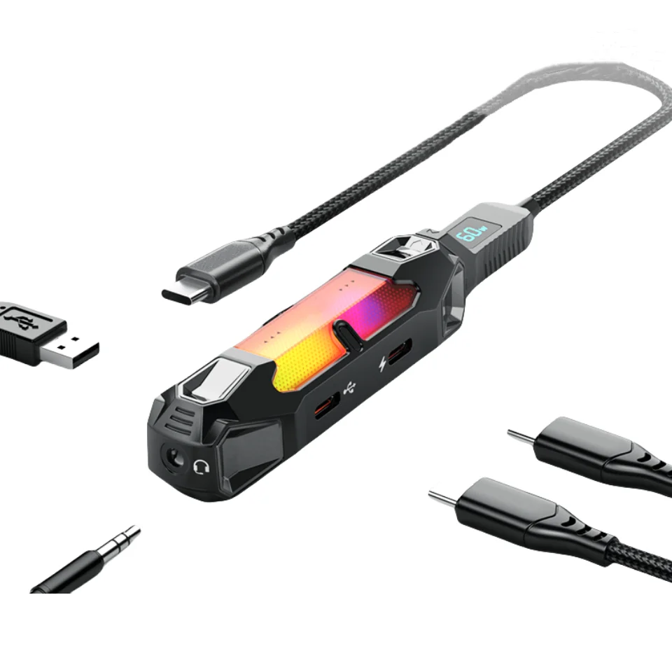 Cdragon محول الصوت Piva 4 في 1 محول بطاقة الصوت محطة الإرساء Type-C PD60W FPS EQ RGB 3.5 مللي متر محول منفذ للكمبيوتر اللوحي