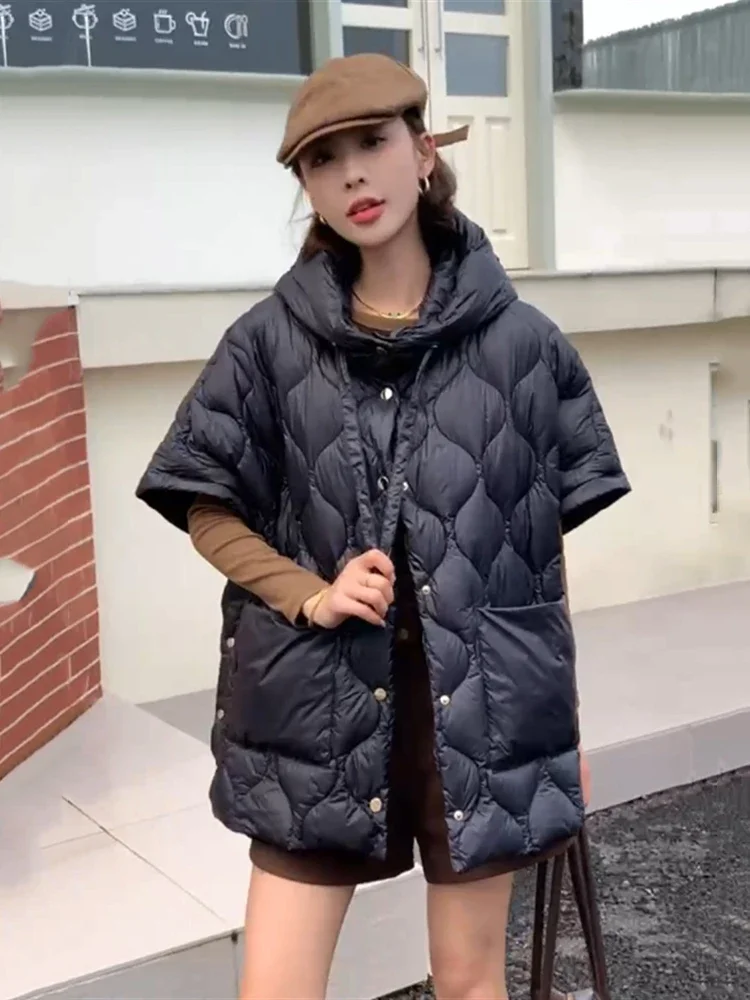 Frauen Weiße Ente Unten Lose Warme Weste Weibliche Einreiher Tasche Weste Outwears Herbst Winter Chic Feste Kapuze Unten Weste