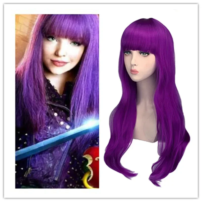 Adrey Evie Evil Mal Curly Long Wavy Wig, traje roxo para crianças, descendentes disfarçados com franja reta, cosplay para festa de Halloween