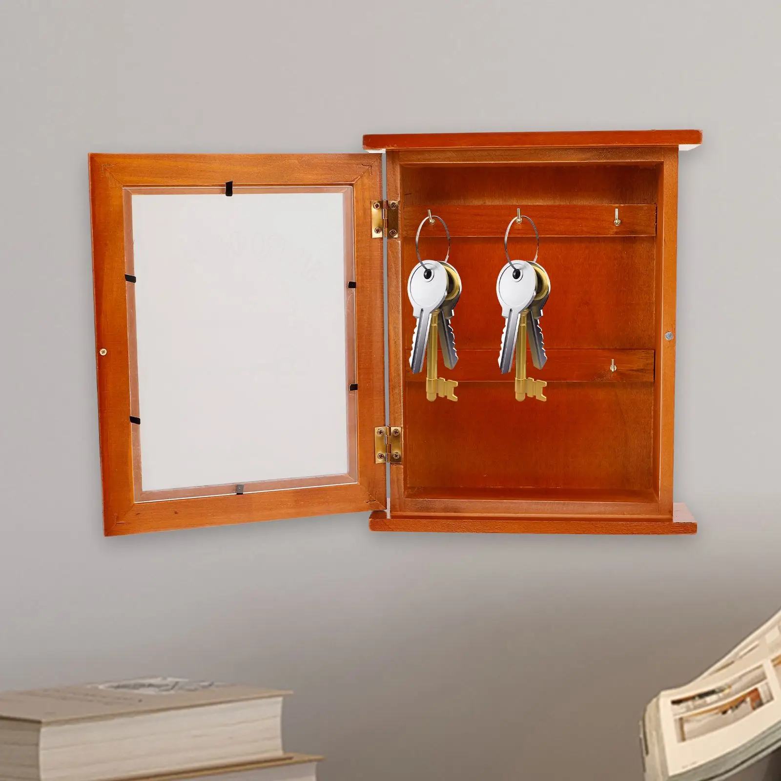 Retro Wood Holder Cabinet Wall Mounted Organizer 6 Hooks Brass Decorative Key Box Holder Storage farmhouse Style Key Box