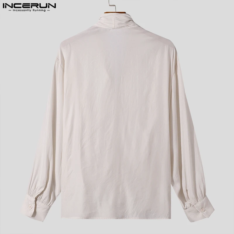 INCERUN Men Shirt Solid Color Ruffle V Neck Lace Up Long Sleeve Men Clothing Streetwear 2024 Loose Fashion Party Casual Shirts