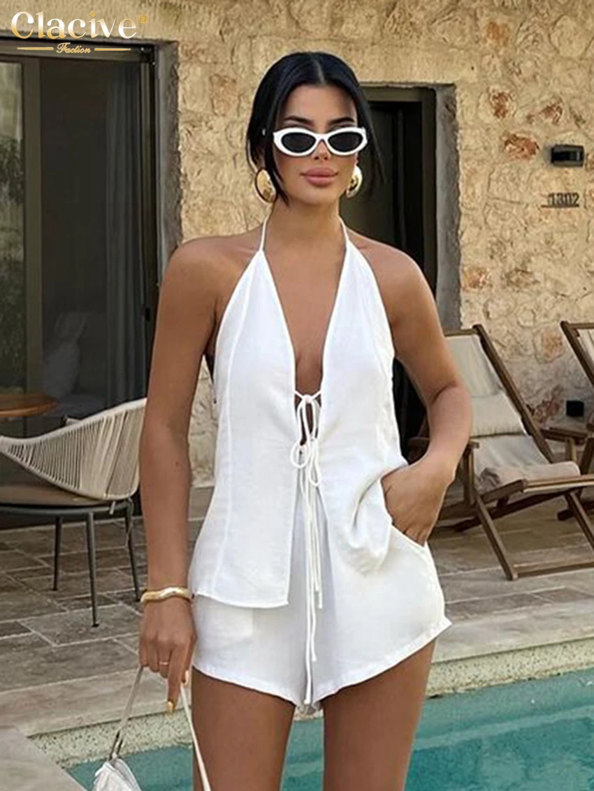 Clacive Sexy Loose White 2 Piece Sets Women Outfit 2024 Summer Halter Sleeveless Tank Top With High Waist Shorts Set Streetwear