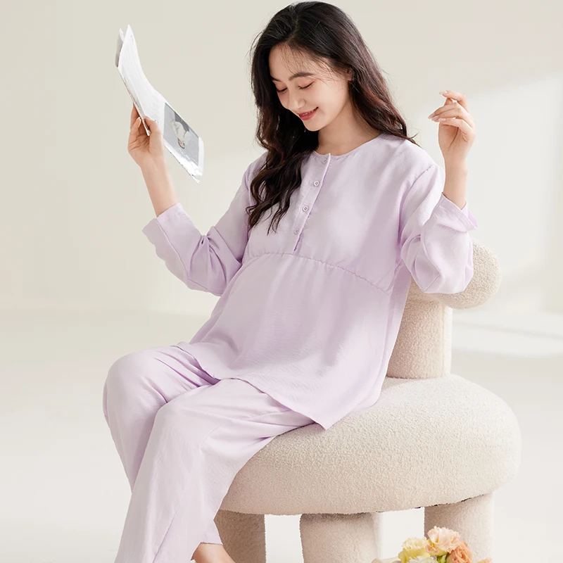 

Autumn Postpartum Woman Nursing Clothes Set Solid Color Maternity Breastfeeding Pajamas Suits Lactation Top Long Pants Twinset