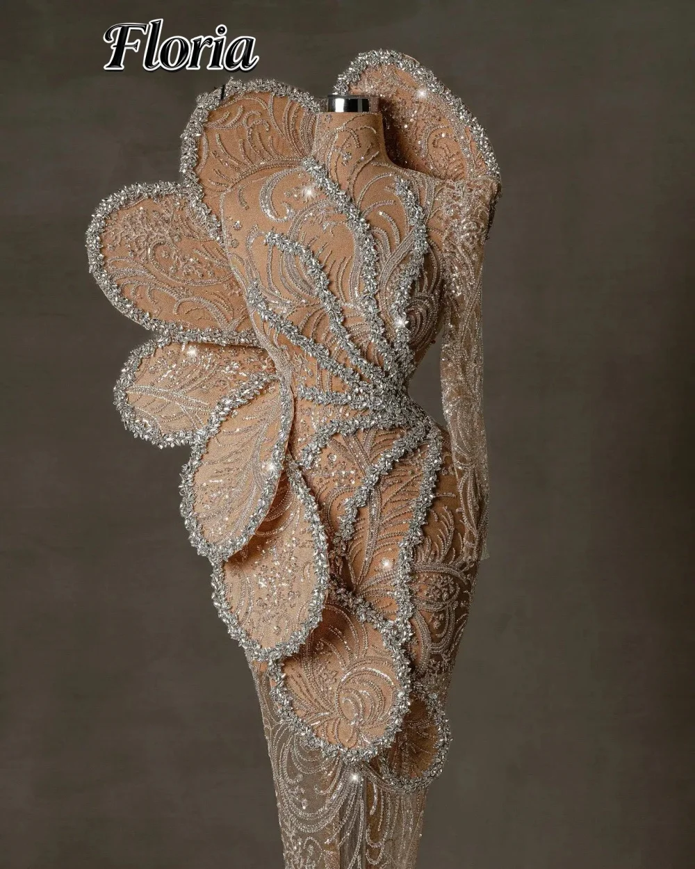 

Customized Champagne One Shoulder 3D Floral Evening Dresses with Crystals Sexy Illusion Glitter Special Occasions Party Gowns