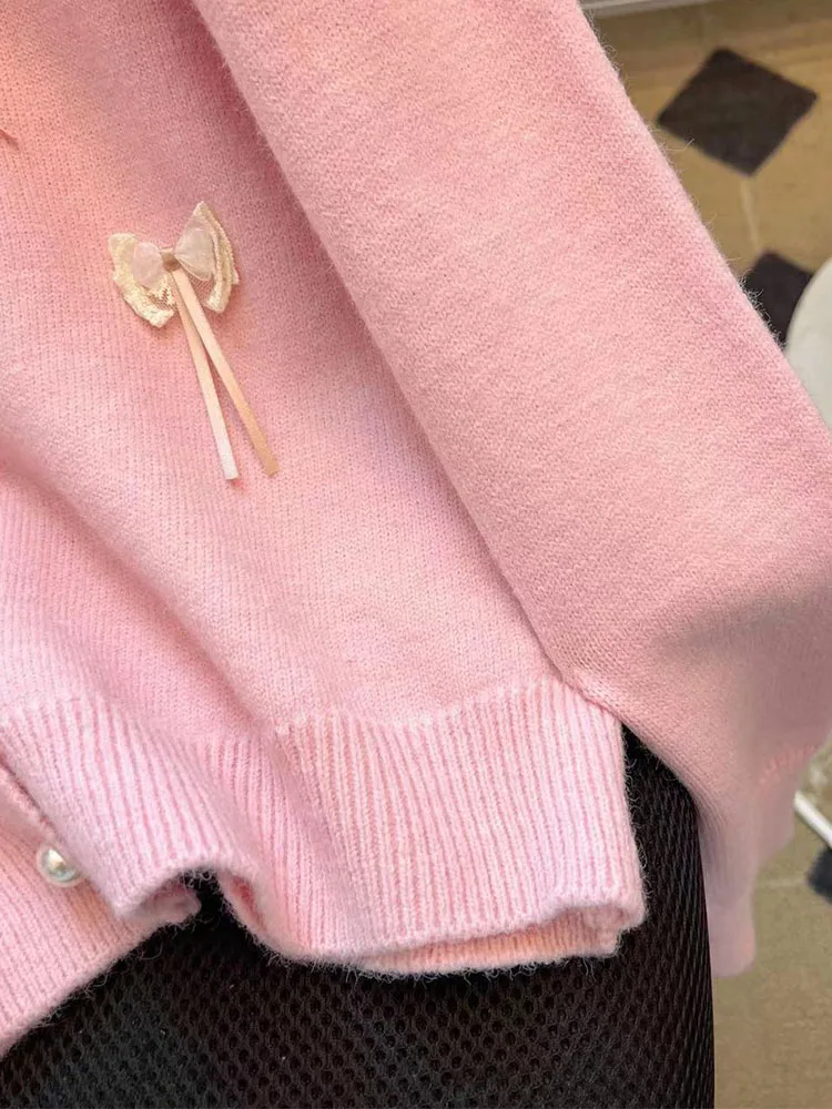 Harajuku Pink Knitted Cashmere Top Women Classical Loose O-Neck Sweet Cute Bow Cardigan Autumn Winter Sweater Korean Plus Size