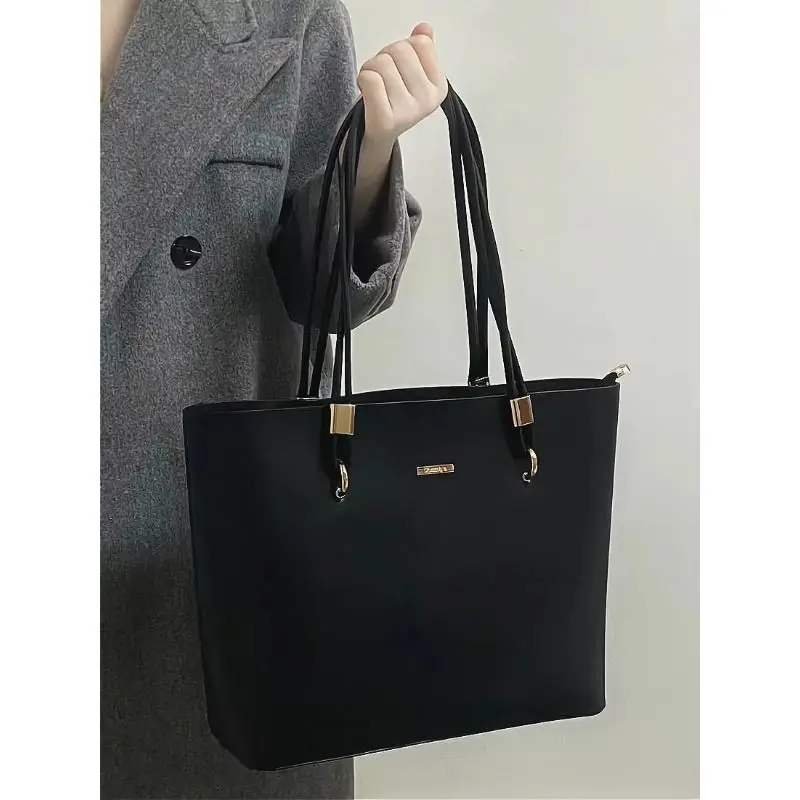 Bolso de mano de PU negro para mujer, bolso de hombro minimalista de alta capacidad con cremallera, clásico, a la moda, para ir al aula, novedad de