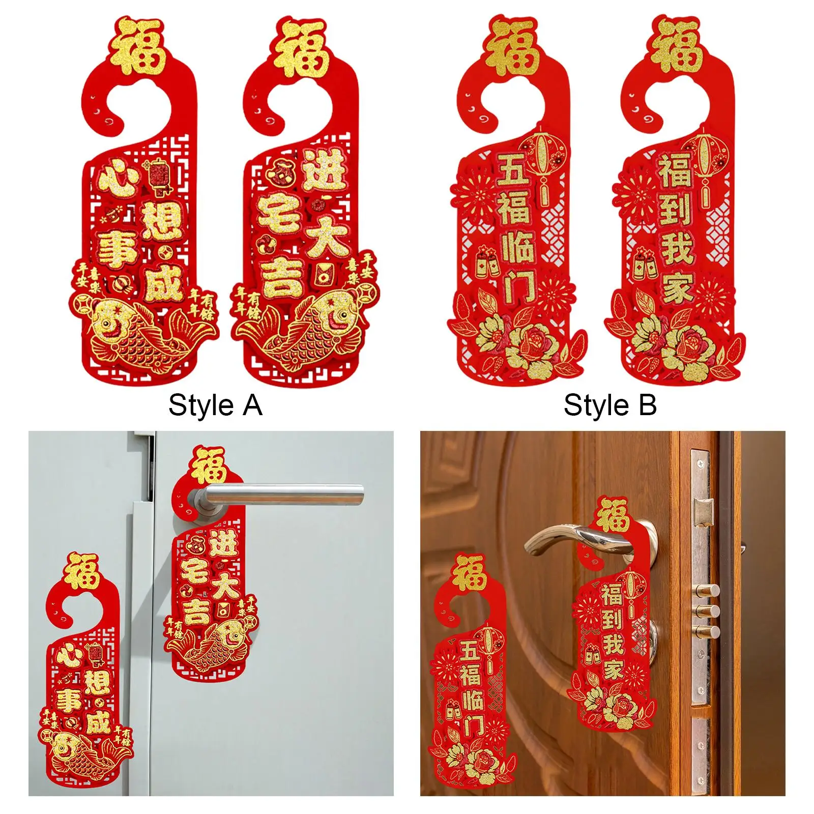 Chinese New Year Decoration Blessing Words Door Hanger Door Knob Ornament for Front Door Celebration Bedroom Holiday Entryway