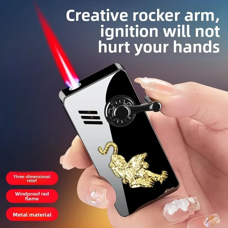 Metal Windproof Red Flame Butane Inflatable Lighter With Rocker Arm Ignition Relief Pattern Outdoor Windproof Cigarette Lighter