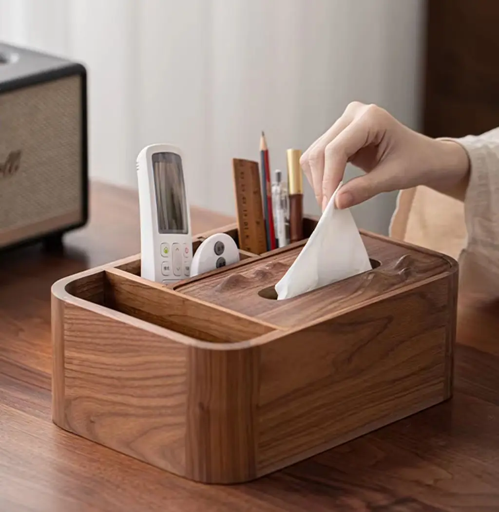 Solid Walnut Wood Multifunctional Tissue Box Desktop Organizer Napkin Holder Storage Box for Home Office Desk Accessories