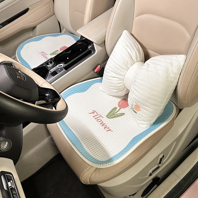 New High Quality Four Seasons Universal 3D Breathable Mesh Rear Cushion  Cartoon Tulip Car Seat Cushion Cover Women