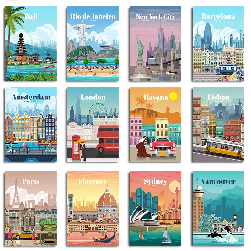 World Famous Tourist Cities Poster Prints London New York City Travel Wall Art Canvas Painting Picture Home Living Room Decor