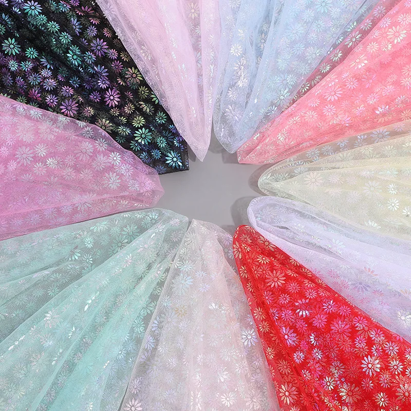 Holographic Sunflower Hot Stamping Mesh Fabric Puff Skirt Princess Dress Dress Headwear Fabric Rainbow Daisy Net Fabric