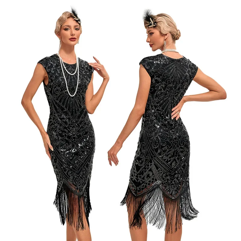 Women's 1920s Flapper Dress Big Round Neck Slip Dress Roaring 20s Great Gatsby Dress Vintage Annual Meeting Dress for Party