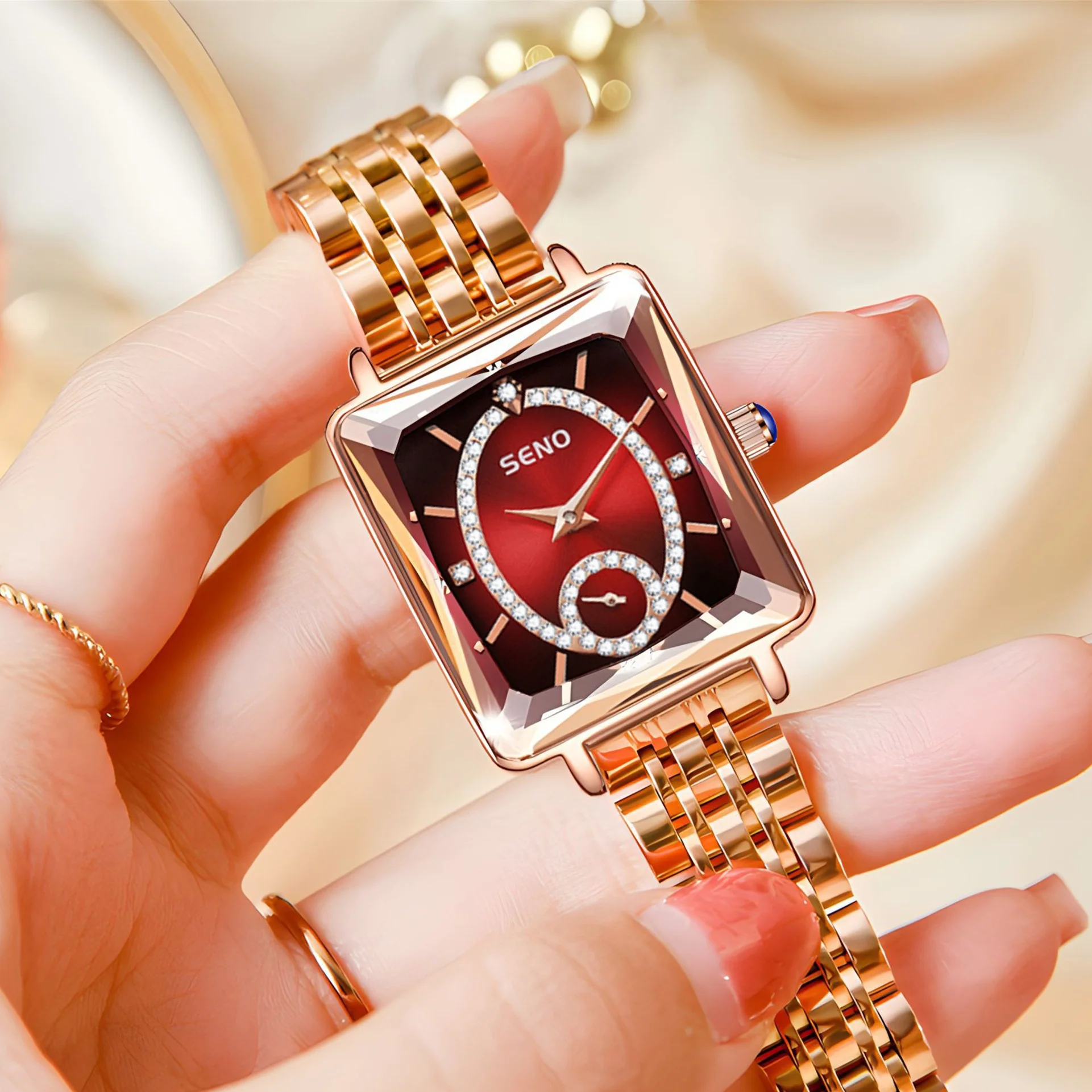 Elegant Watch Women\'s Watch 30M Waterproof Calendar Date Rhinestone Stainless Steel Watchband Ladies Ruby Quartz Watch Gift 4361