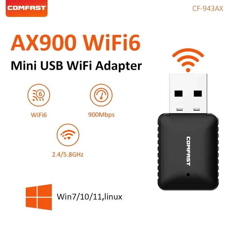 COMFAST 900Mbps WiFi 6 Wi-Fi Adapter 2.4/5.8GHz USB Wireless Network Card BT5.4 Bluetooth Adapter For Win 7/10/11 Linux