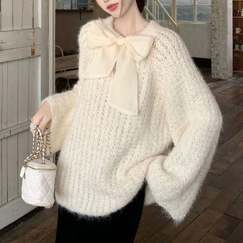 Sweet Bow Knitted Sweater Fashion Women Loose Soft O Neck Hollow Out Pullover Autumn Lazy Wind Casual All Match Female Jumper