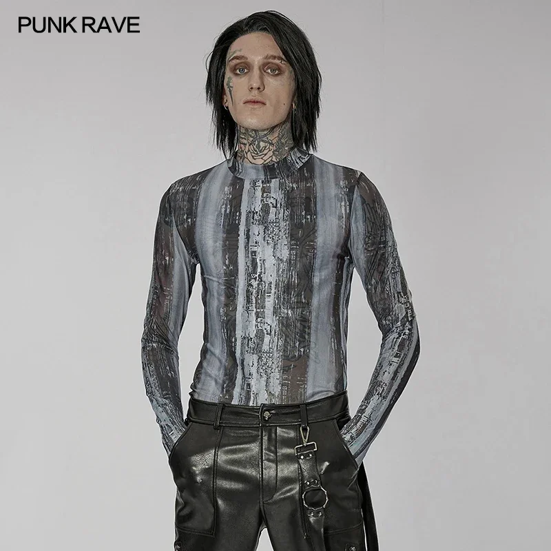 

PUNK RAVE Men's Post-apocalyptic Style Tight Elastic Gauze T-shirt Punk Daily Simple Sense of Sci-tech Slim Tops 2 Colors Tees