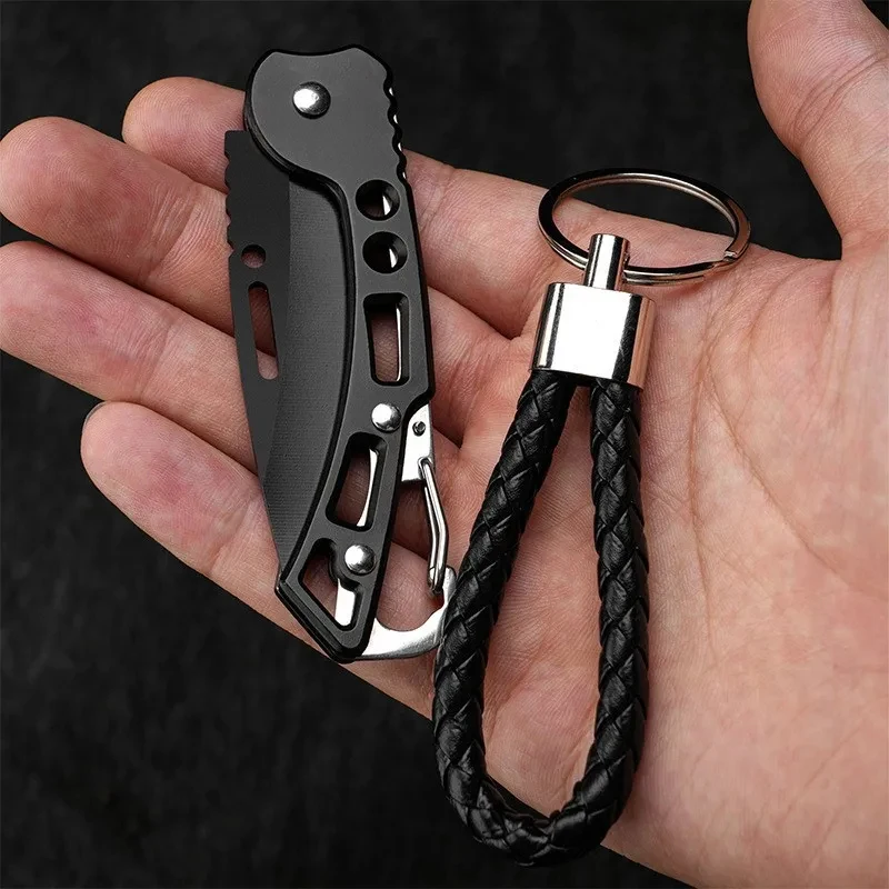 Stainless Steel Folding Knife Portable Survival Hunting Camping Fishing Fruit Cutting Tool with Rope Outdoor Keychain EDC Gear