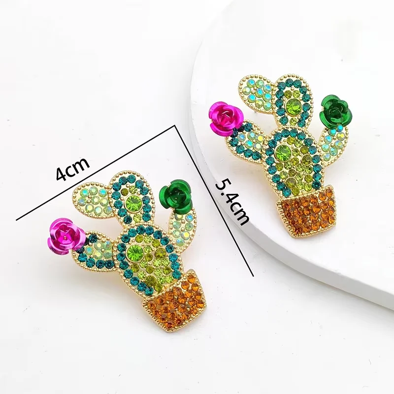 Fashion Cactus-Shaped Crystal Earrings Colorful Statement Jewelry Cactus Design Elevates Daily/Party Looks Jewelry