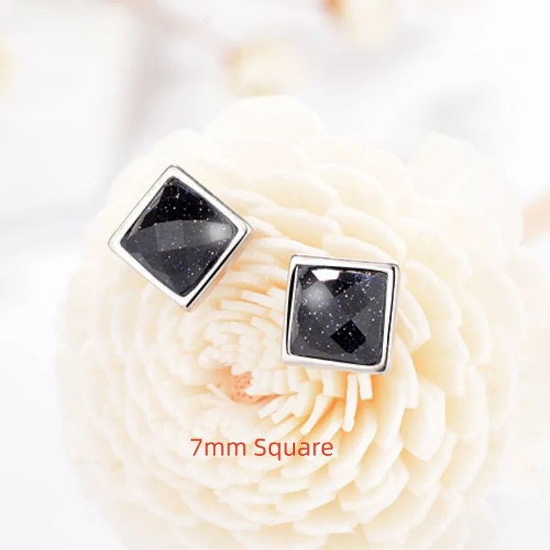 Buyee 925 Sterling Silver Small Stud Earring Blue Sandstone Square & Round Earring for Women Men Fashion Fine Jewelry Earring