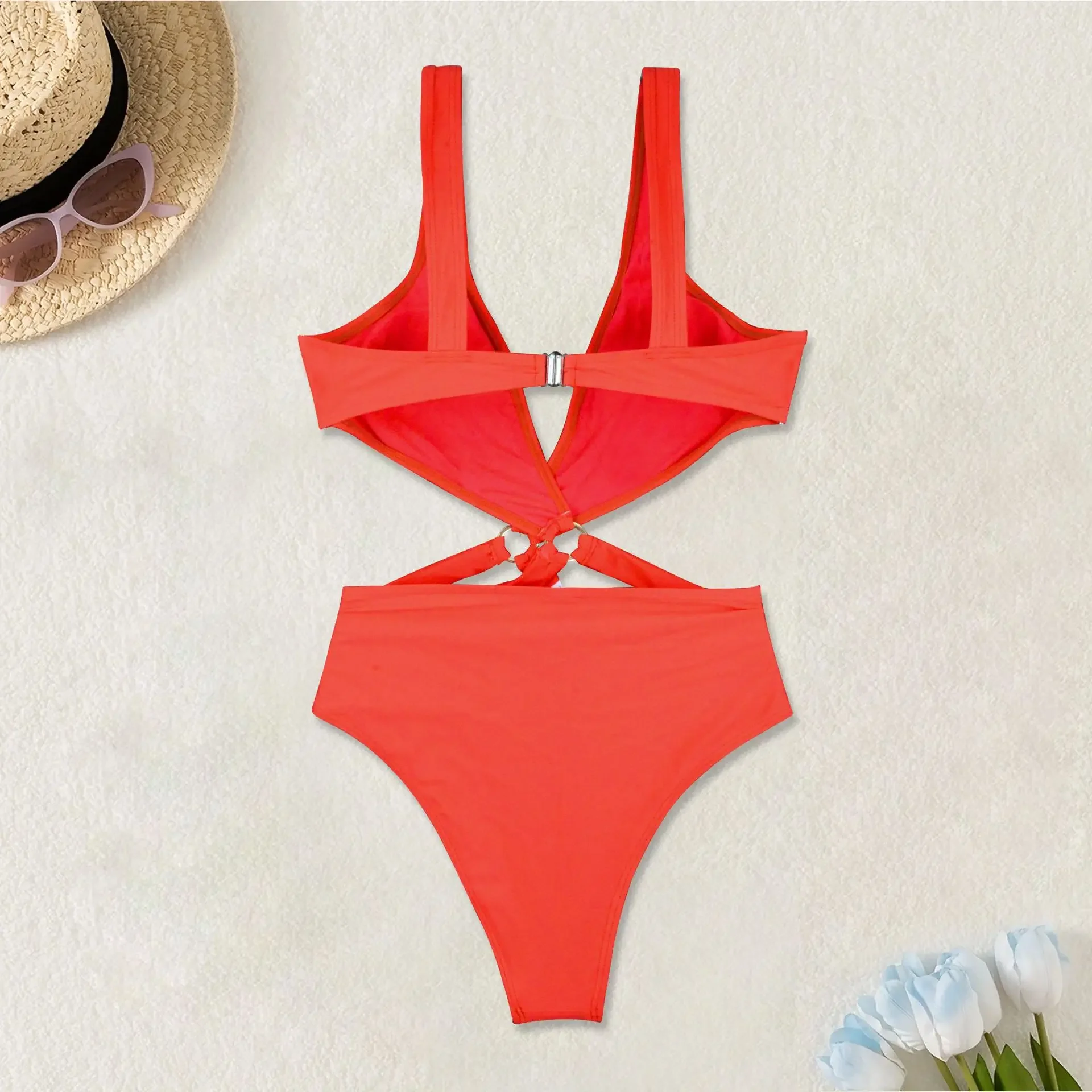 Traje de baño cruzado con anillo de Metal naranja para mujer, traje de baño Sexy de una pieza con escote en V profundo y espalda descubierta, trajes de baño