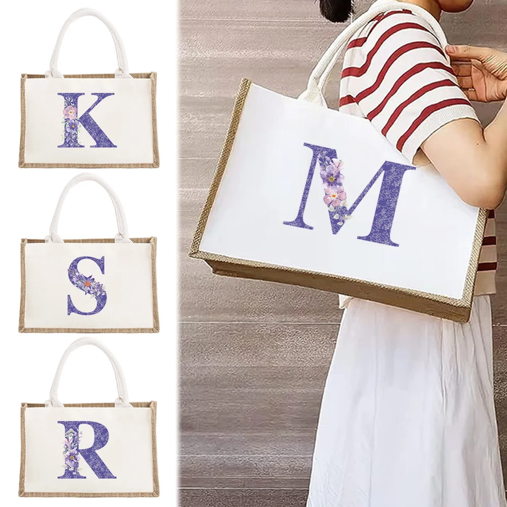 New Tone Handbag with Smooth Purple Flower Letter Printing White Front and Soft Loop Handles for Daily Activities Shopping Bags