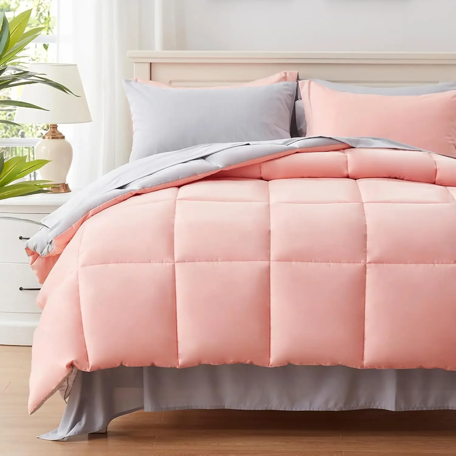 Anluoer King Size Bed in a Bag 7 Pieces, Pink Bed Comforter Set with Comforter and Sheets, All Season Bedding Sets