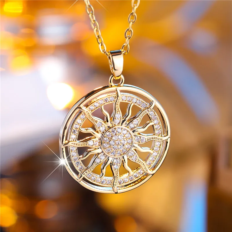 Female Crystal White Zircon Stone Pendant Necklace Vintage Big Sunflower Wedding Jewelry For Women