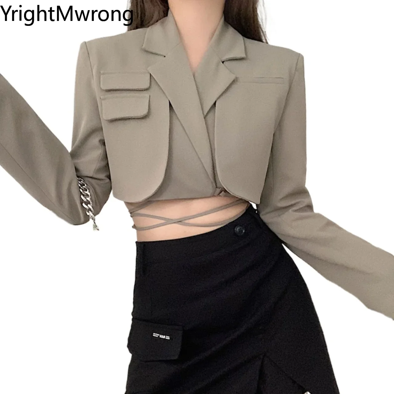 Cross Waist Lace-Up Short Lapel Blazer Sexy Slim Crop Top Women Korean Fashion Outfit Coat Chaqueta Fall y2k Korean Cloth Ladies