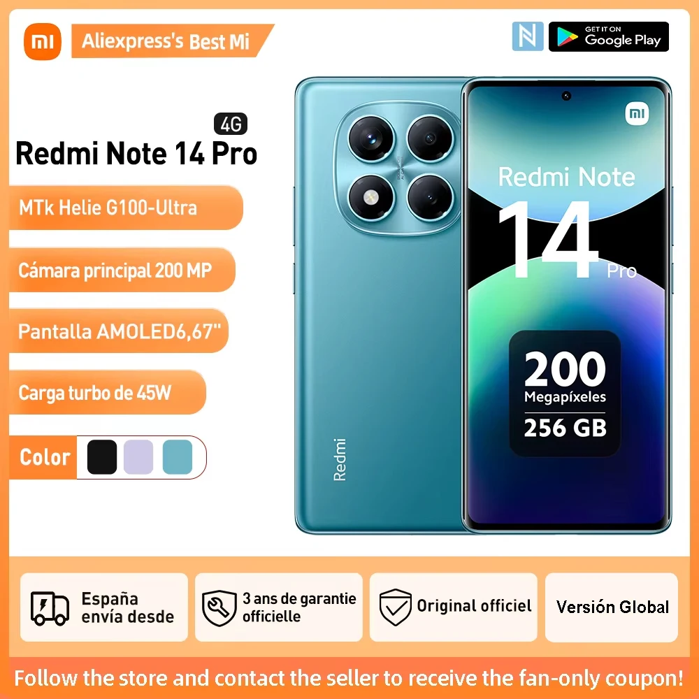 Xiaomi Redmi Note 14 Pro 4G Versión Global 8+256GB MediaTek Helio G100-Ultra Pantalla AMOLED 6.67", 120Hz Cámara principal 200MP OIS Carga 45W, Batería 5500mAh, IP64, NFC