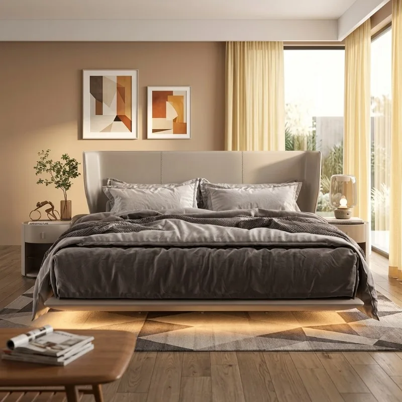 Modern High Quality Luxury Stone Bed Master Bedroom Minimalist Floating Double Upholstered Suspended Hotel Home Furniture
