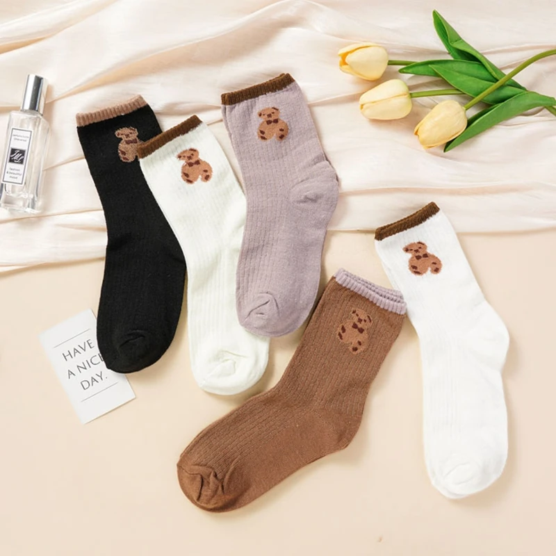 Maillard Color Series Children's Mid-Tube Socks Autumn Fashion New Solid Color Casual Socks Cute Cartoon Bear Knitted Socks