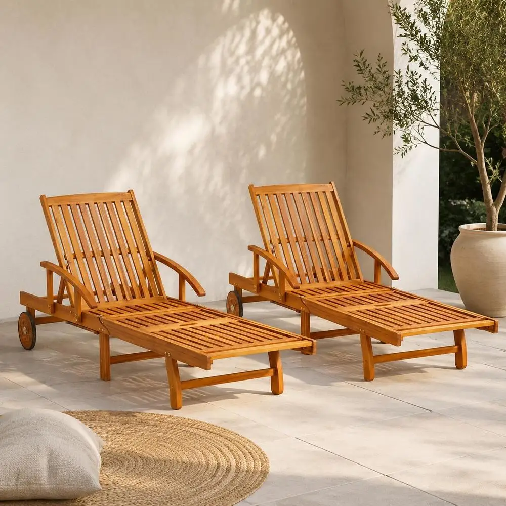 Lot de 2 chaises longues en bois d'acacia massif, chaises inclinables d'extérieur en bois pour patio, jardin, bord de piscine, plage