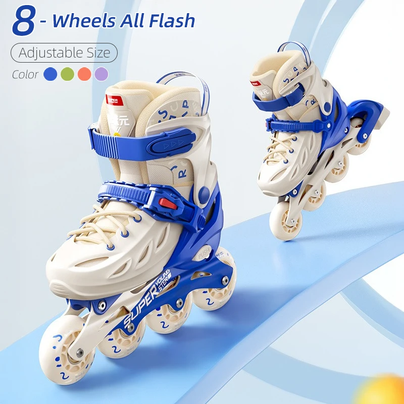 

2025 Adjustable Inline Skates for Kids Adults Double Buckle Full Flash Wheels Roller Skating Shoes Single Row Complete Gear Set
